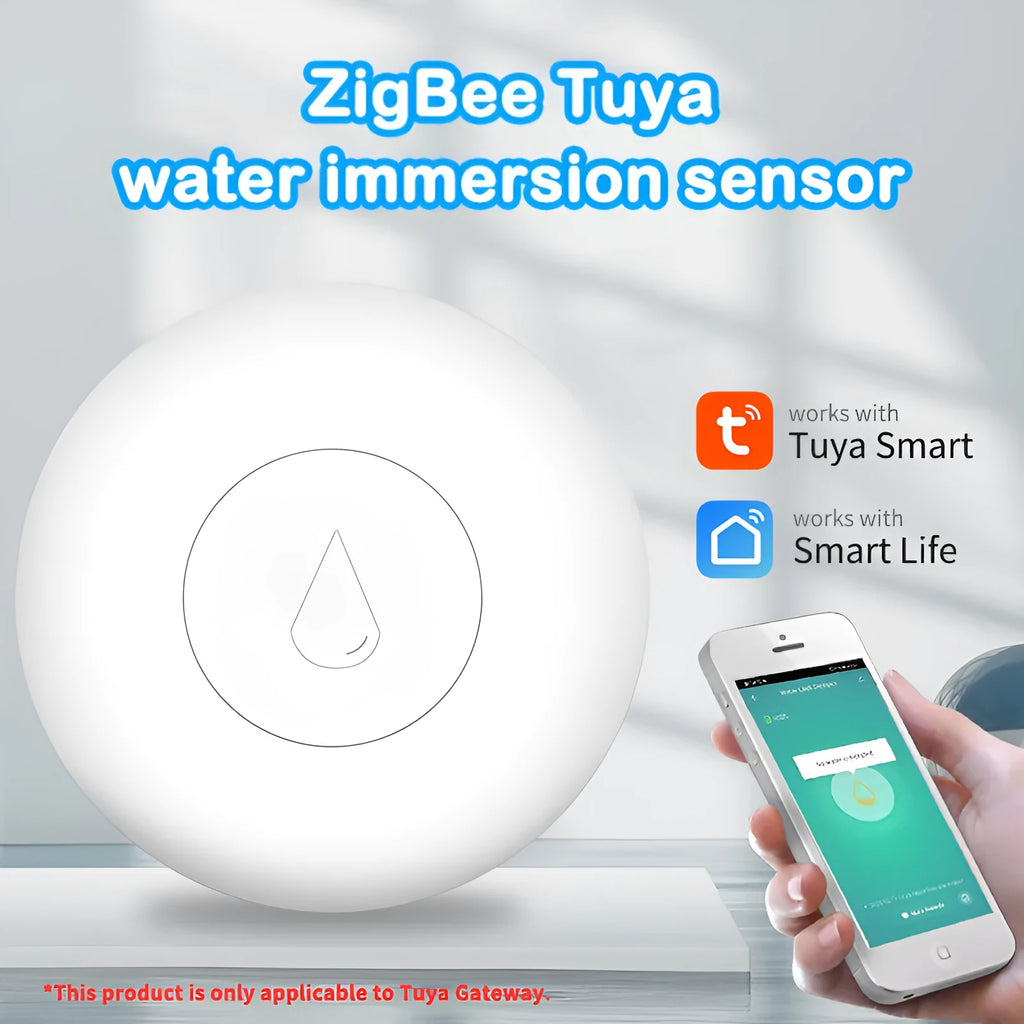 Zigbee wireless smart home water flood sensor with compact white PC housing.