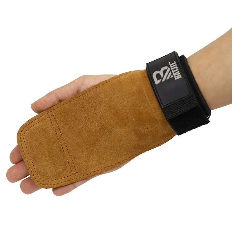 Brown leather wrist protectors for horizontal pull-up bar exercises with adjustable fastening