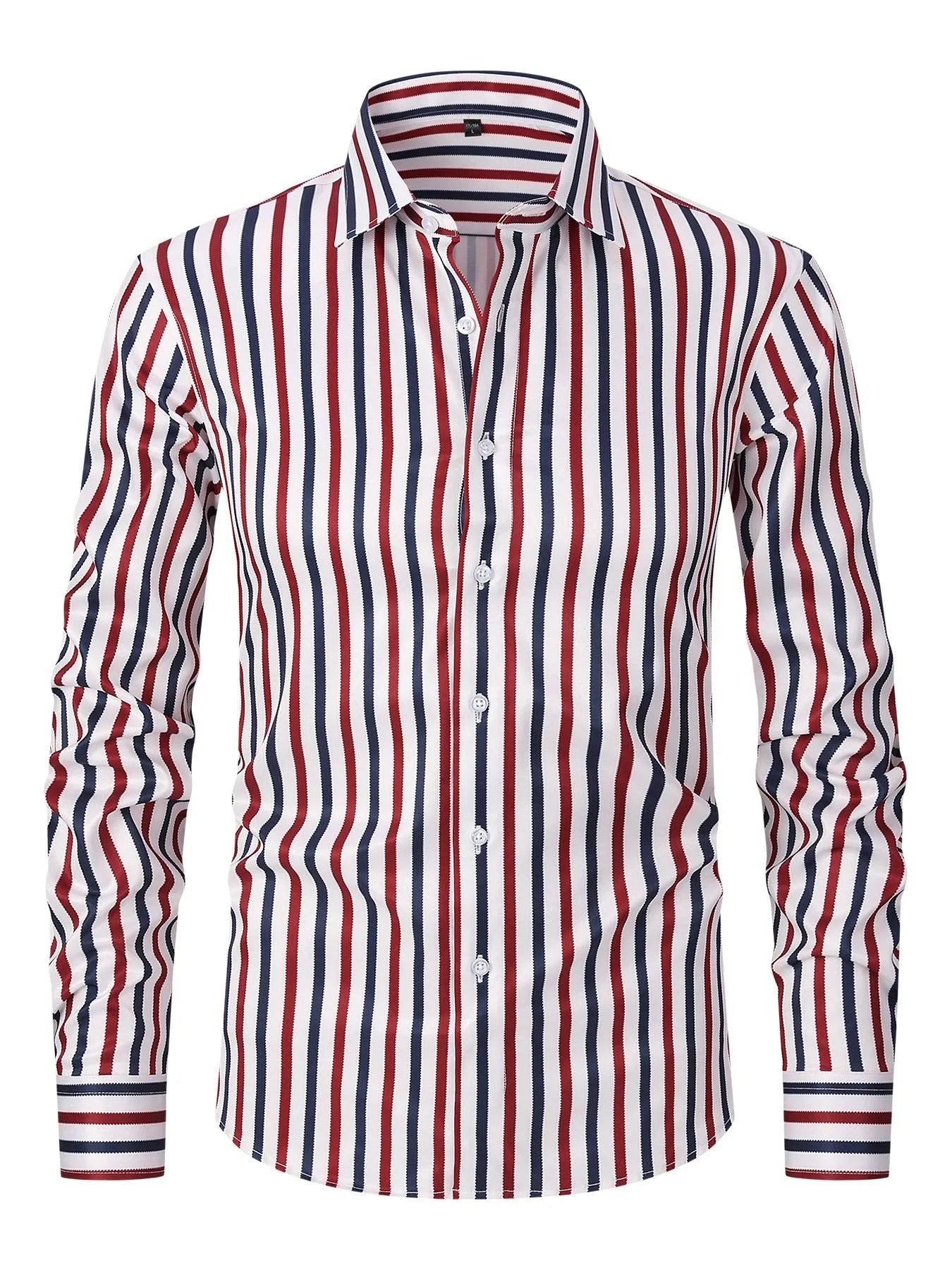 Men's striped ice silk polyester business shirt with slim fit on Asian mannequin showing XXS to XL sizing