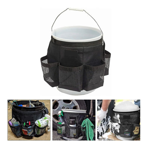 Black cylindrical polyester storage bag hanging on a 5 gallon barrel for car washing tools and outdoor gear.