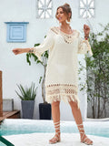 Apricot hand-crocheted women's beach dress with polyester lining shown as beach cover-up