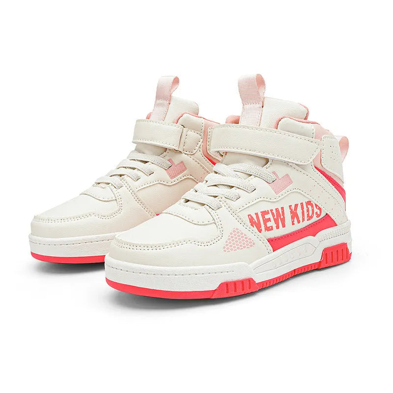Children's street sneakers with letter pattern PU upper and rubber sole showing buckle closure