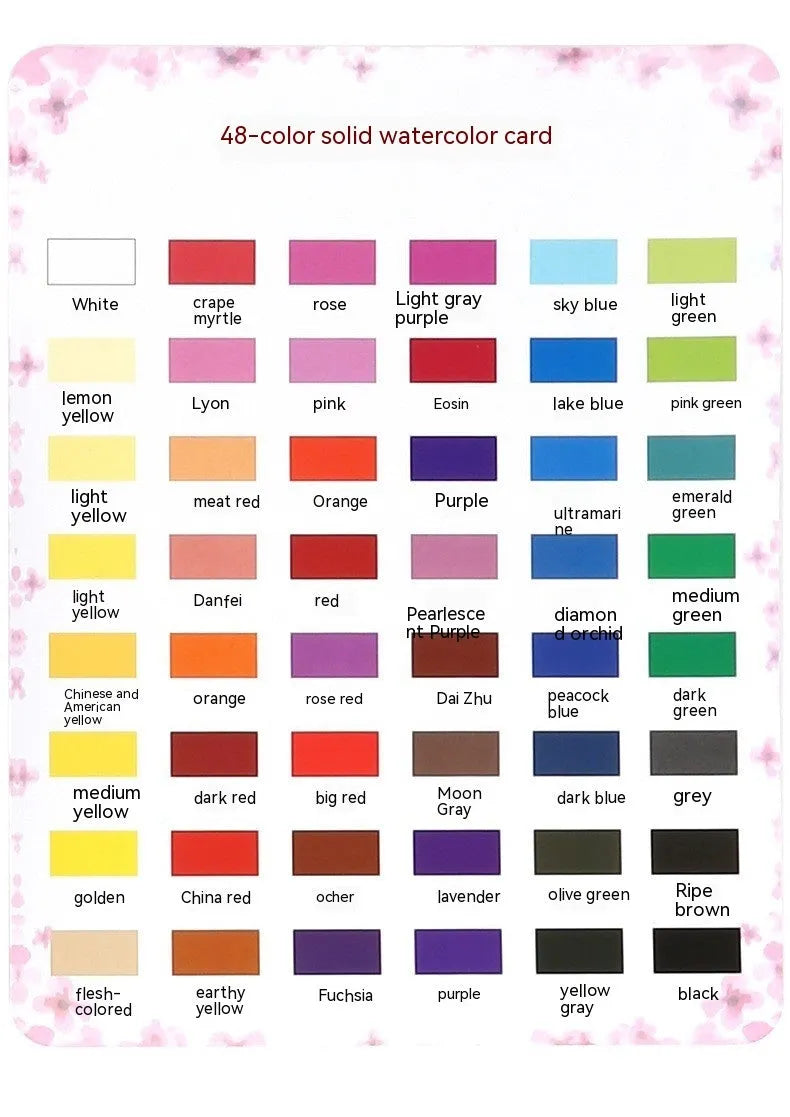 Boxed set of 48 solid watercolour paint tablets including Black Knight, Girl Pink, and Sunshine Blue colours.