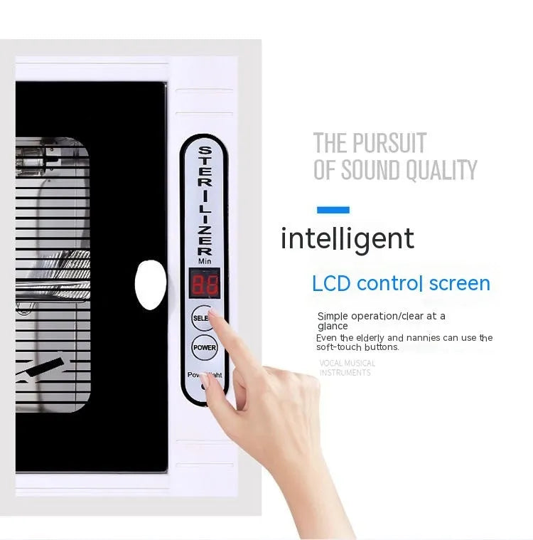 Small silver ultraviolet sterilizer with stainless steel interior for salon tool disinfection