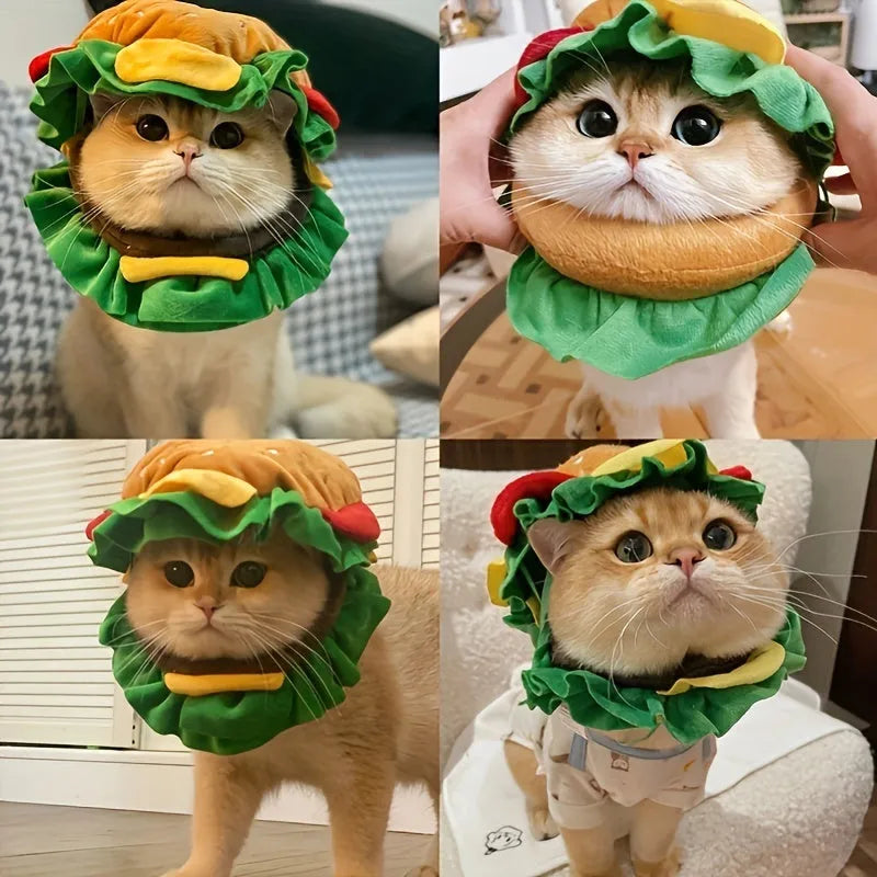 A soft plush burger-shaped headdress collar for a cat or small dog on a white background.