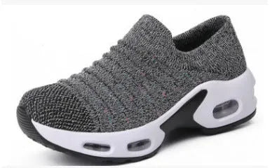 Plus size women's and men's stretch knit sock shoes in dark blue with fly-knit mesh upper.