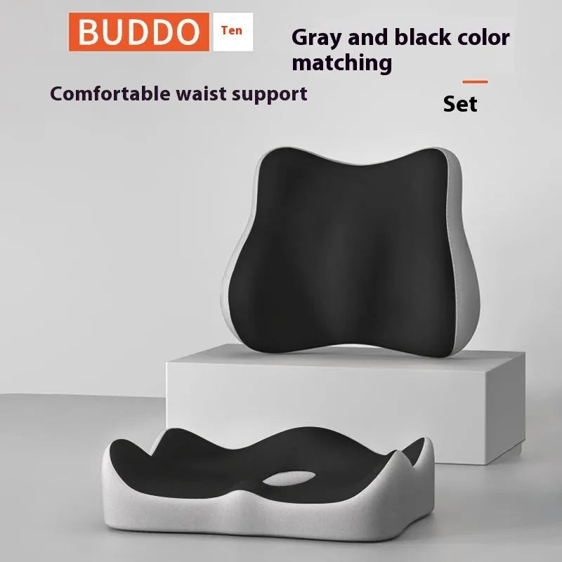 Memory foam waist rest seat cushion for office chairs shown in blue and grey colour combination