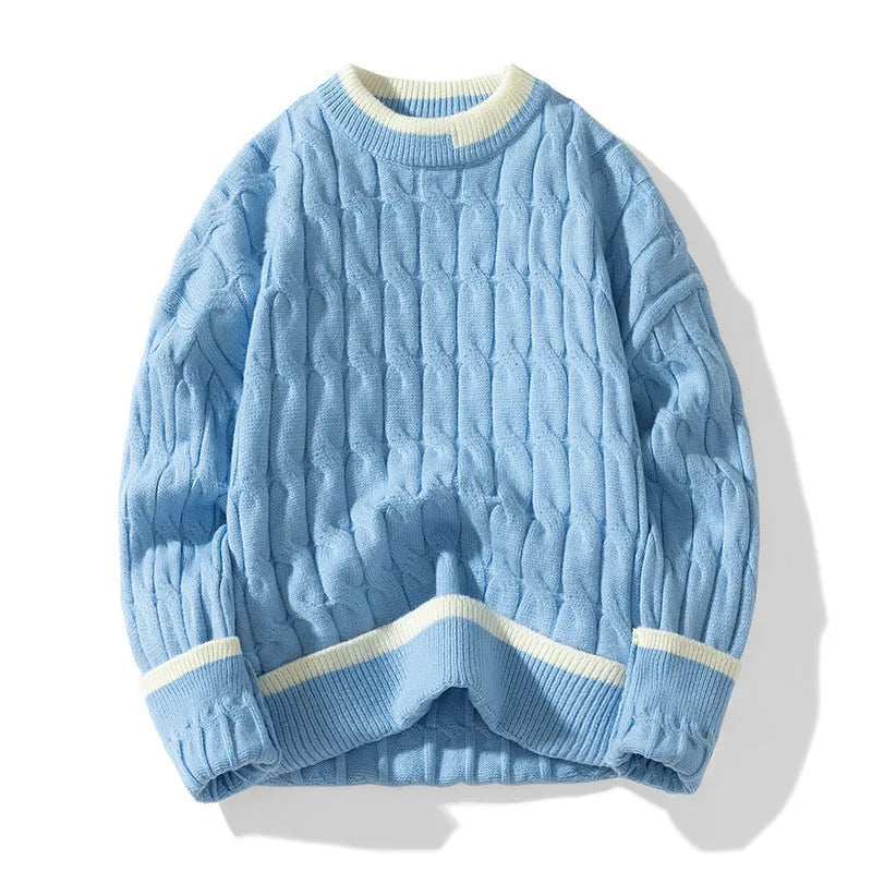 Men's loose fit modal acrylic blend pullover sweater in light blue colour for autumn and winter.