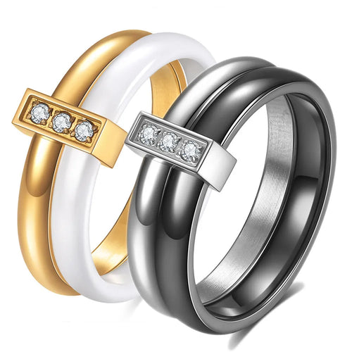 Ceramic ring with geometric shape and zirconium stitching in steel black or golden white colour