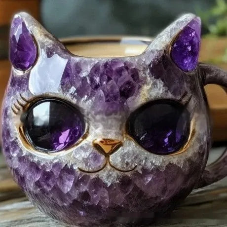Purple geode crystal and cat decorative resin mug on a shelf.