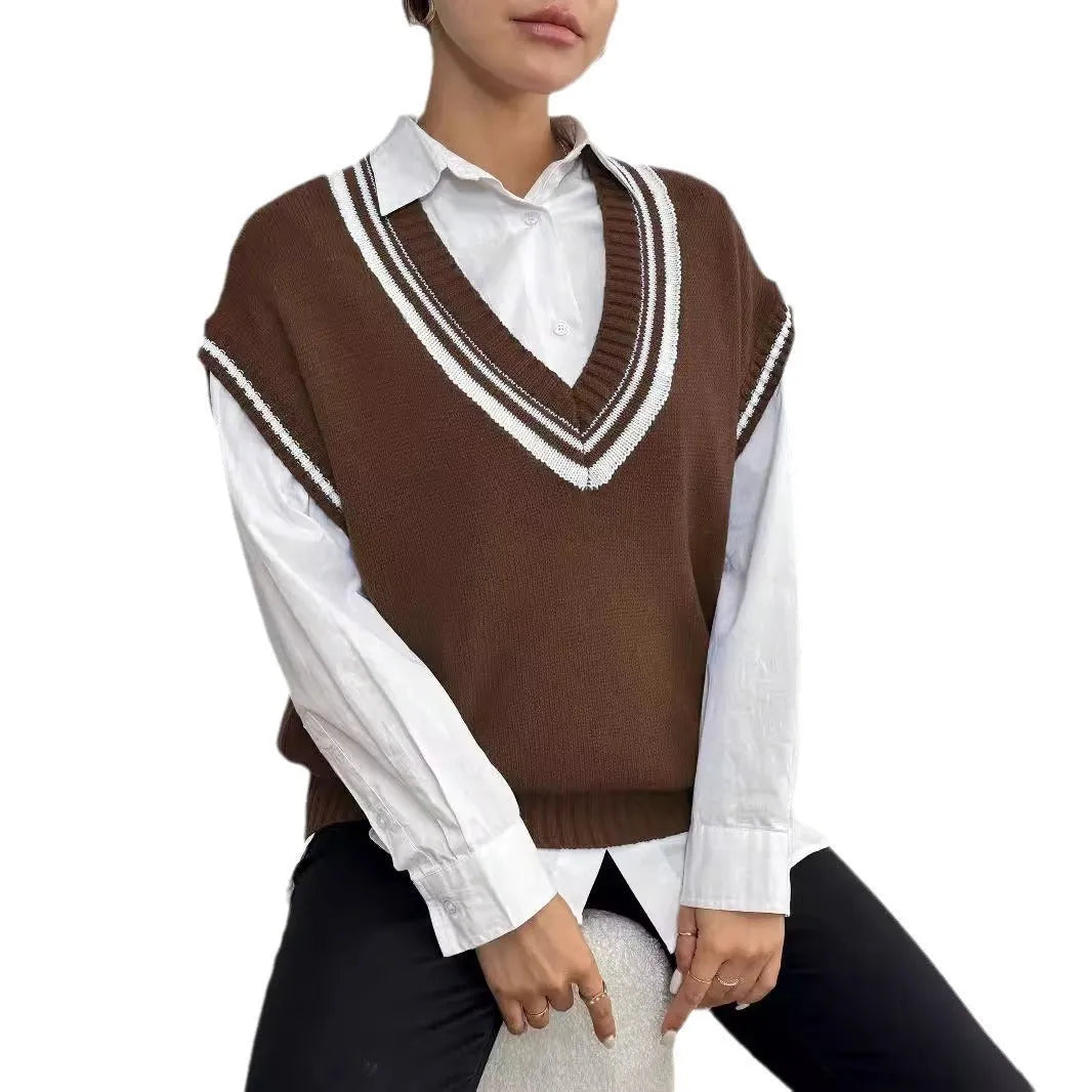 Women's casual acrylic vest sweater in loose fit with college-style design