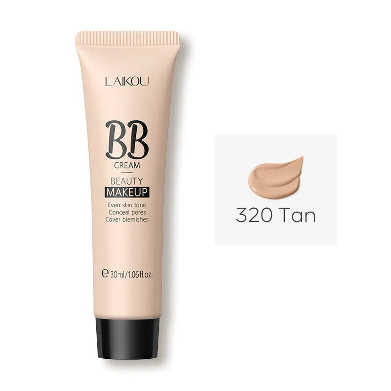 30ml tube of BB cream showing the nine available colour shades from ivory white to brown.