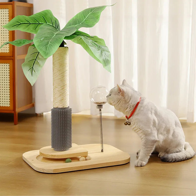 Vertical wooden cat scratching post in canna colour with a grab column top featuring a food drop ball.