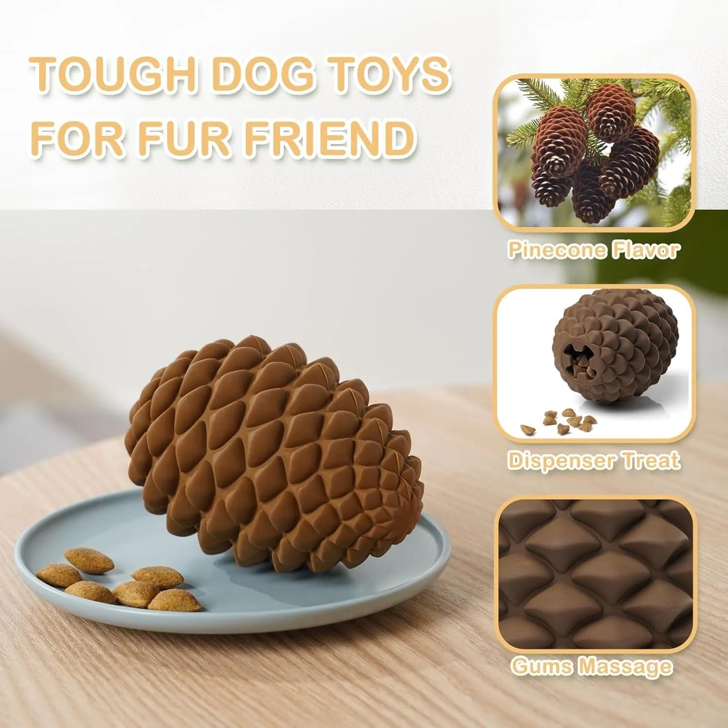 Yellow pine cone shaped natural rubber dog chew toy with textured surface and treat dispensing opening