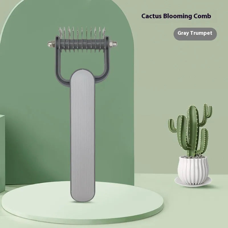 Green and grey pet grooming comb with stainless steel blades for de-tangling dog fur in small and large sizes