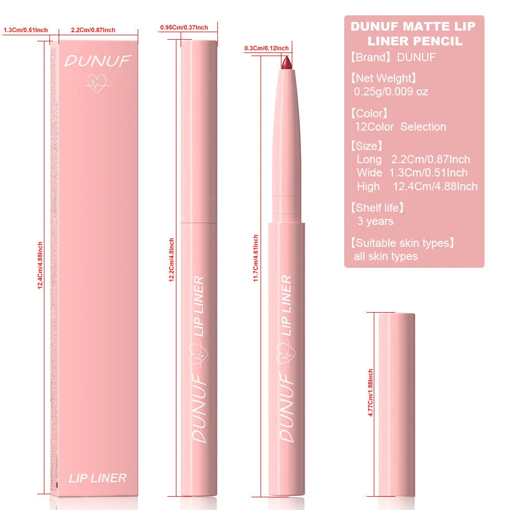 Matte velvet lip liner pencil in 12 colours for precise lip definition