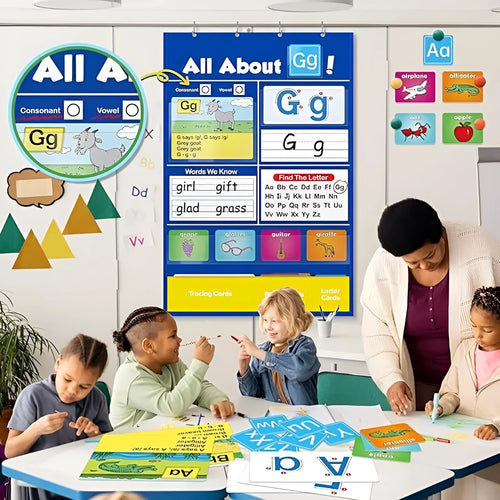 Blue alphabet learning sleeve table with word and letter cards laid out on its wipeable PVC surface.