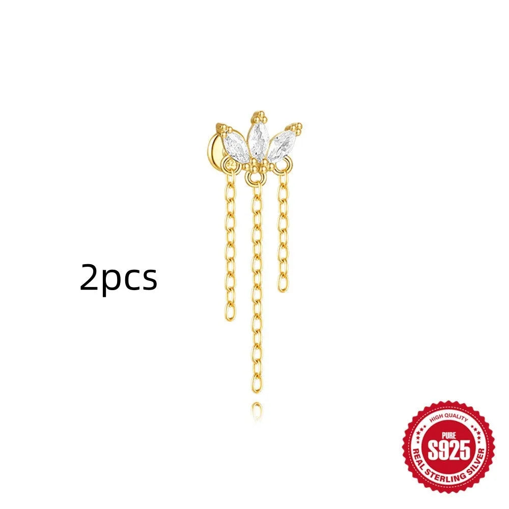 S925 sterling silver geometric kite-shaped earring with rhinestone chain tassel in a gold colour finish.