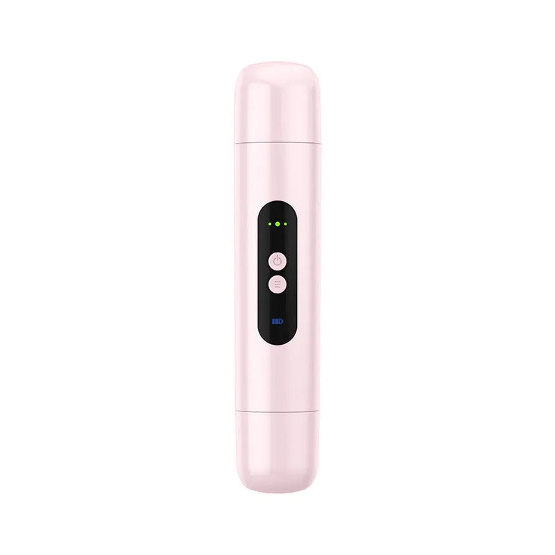 Pink and white portable electric body hair trimmer depilator with USB charging cable on a plain background.