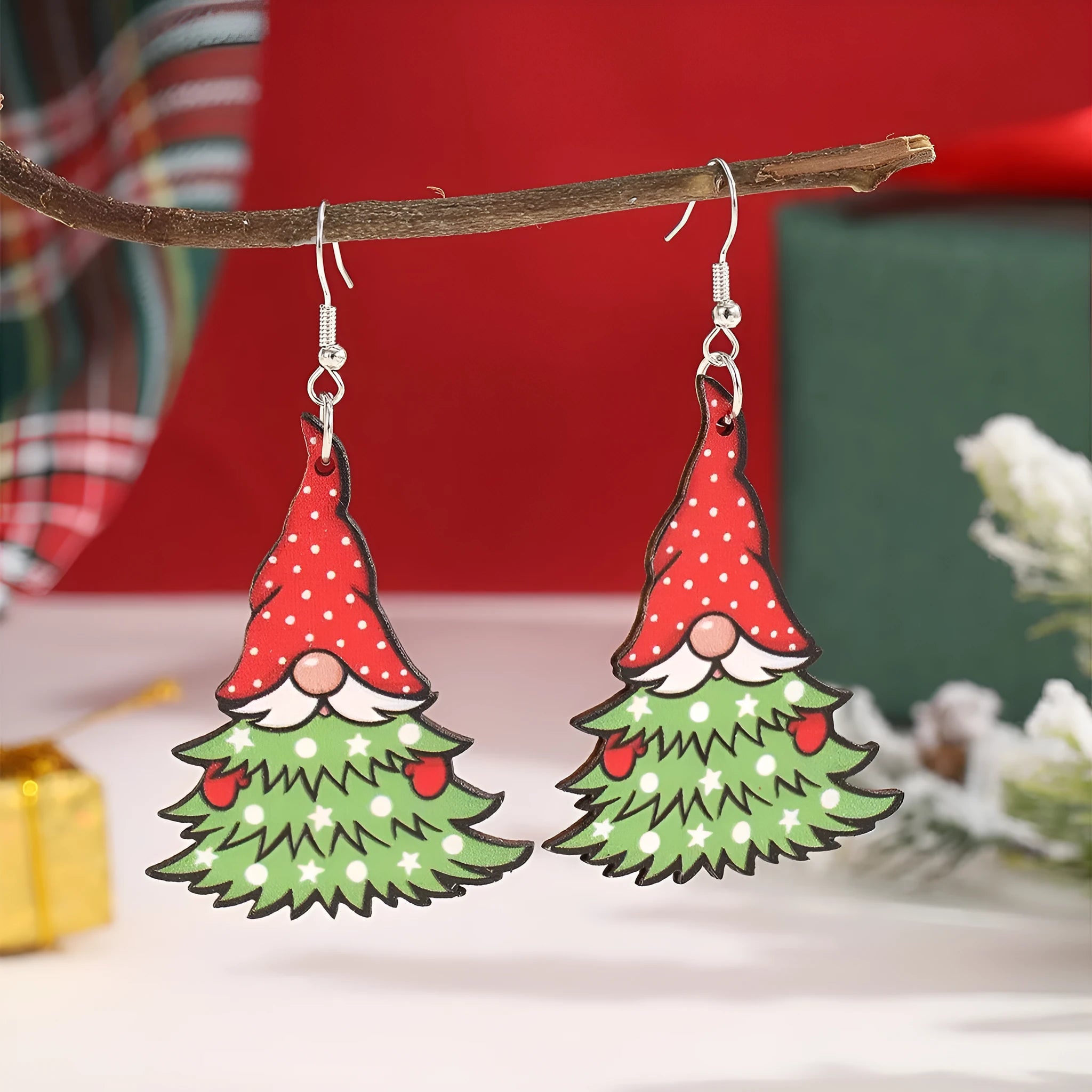 Wooden Christmas earrings with geometric shapes and printed Santa Claus designs