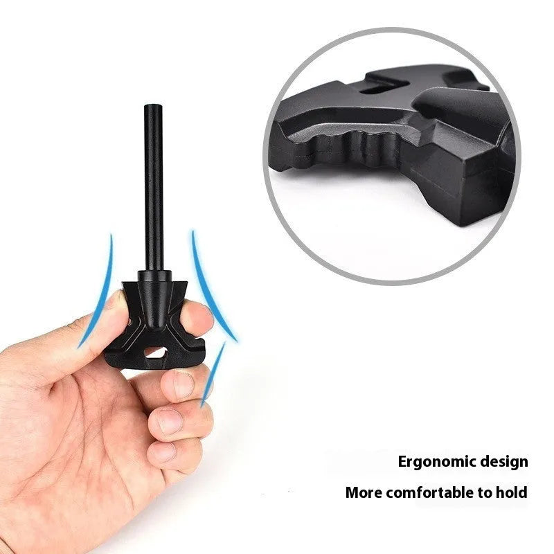 Butterfly-shaped stainless steel survival tool with a fire starter rod and integrated bottle opener.