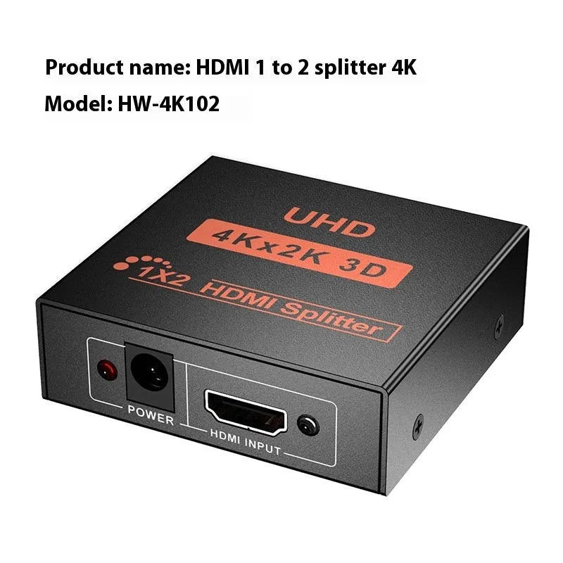 4K HDMI one input to two output splitter with USB power cable and regional plug options