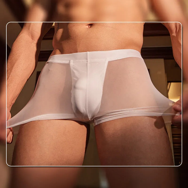 Black and white men's ultra-thin nylon boxer briefs laid flat
