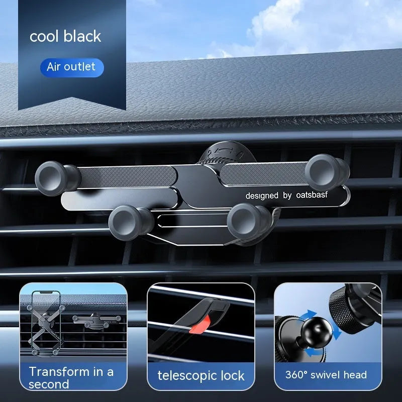 Aluminium alloy car phone mount bracket showing air vent and paste mounting versions in three colours