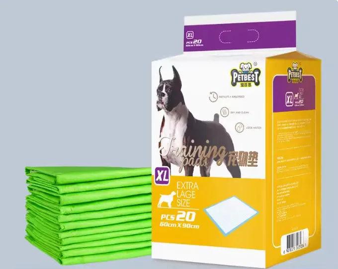 Pack of thickened dog urine pads showing size comparison between S, M, L and XL options