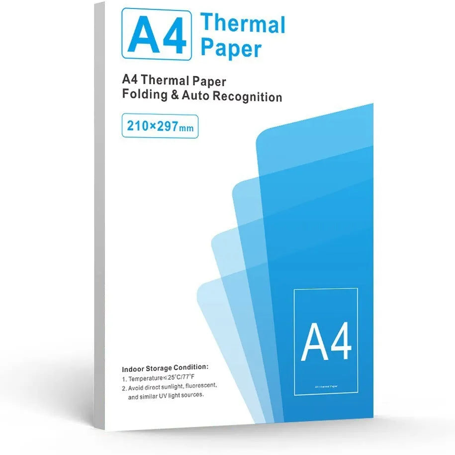 Pack of white A4 quick-drying thermal paper sheets for portable thermal printers.
