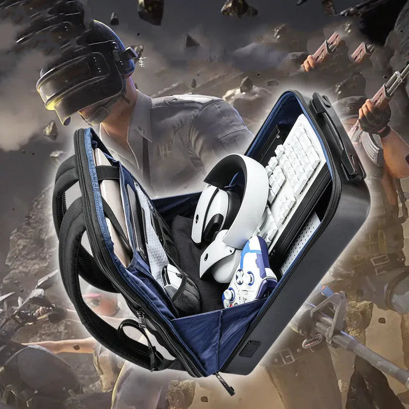 Hard shell gaming backpack in black or silver colour with multiple compartments and lock opening system