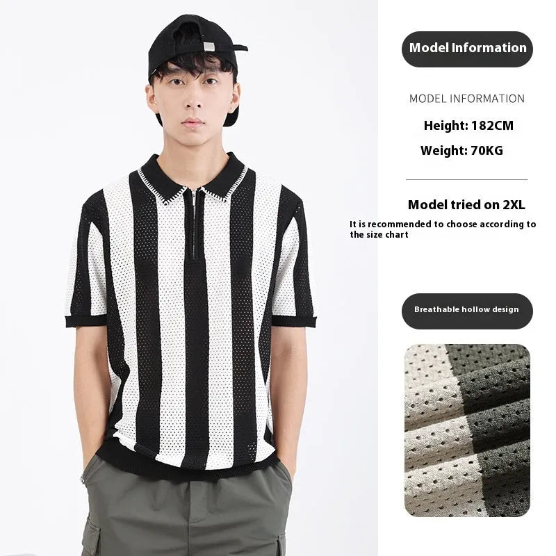 Men's short sleeve striped sweater in ice silk viscose with a decorative zipper.