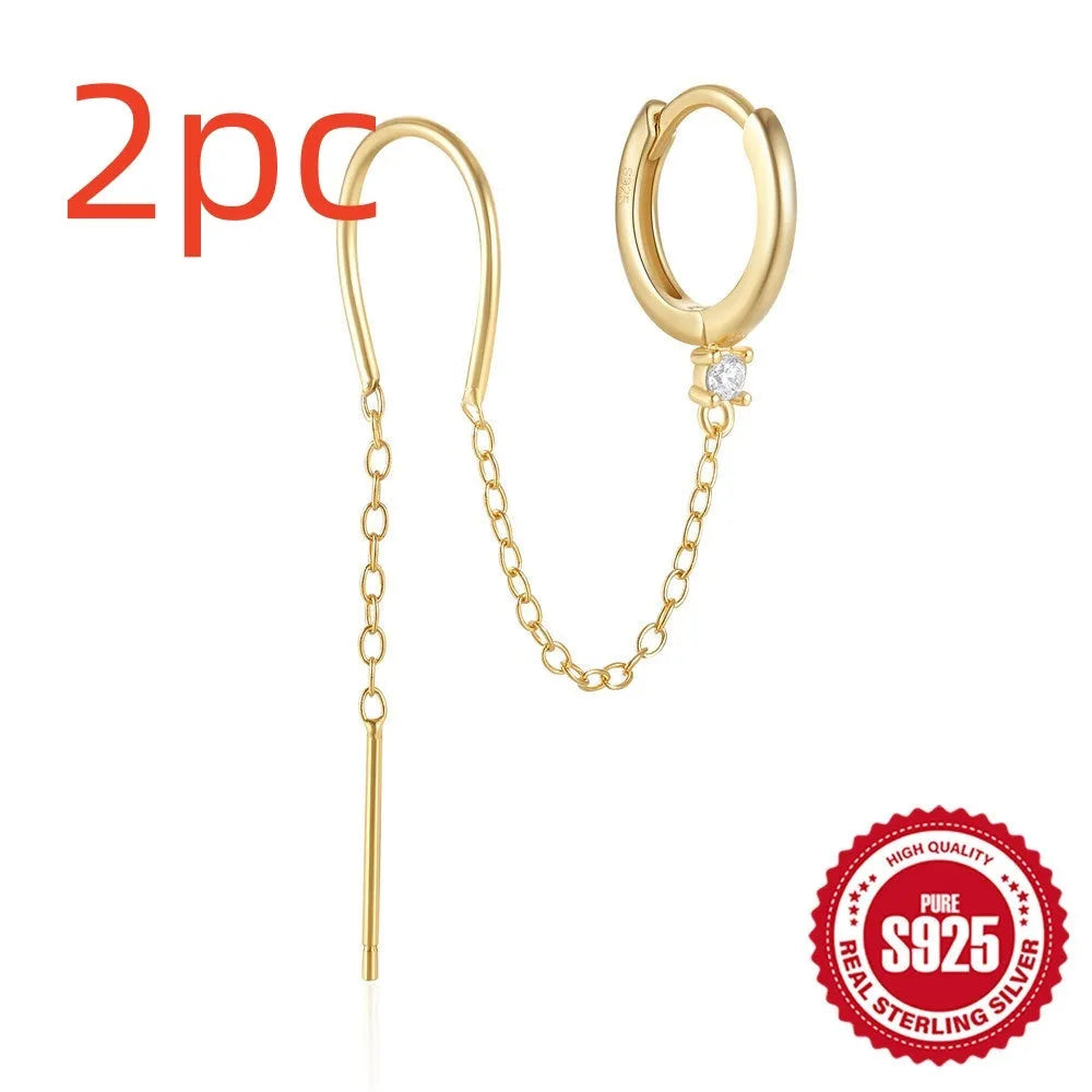 Geometric S925 sterling silver stud earring with flower, tassel, and chain design in a golden electroplated finish.