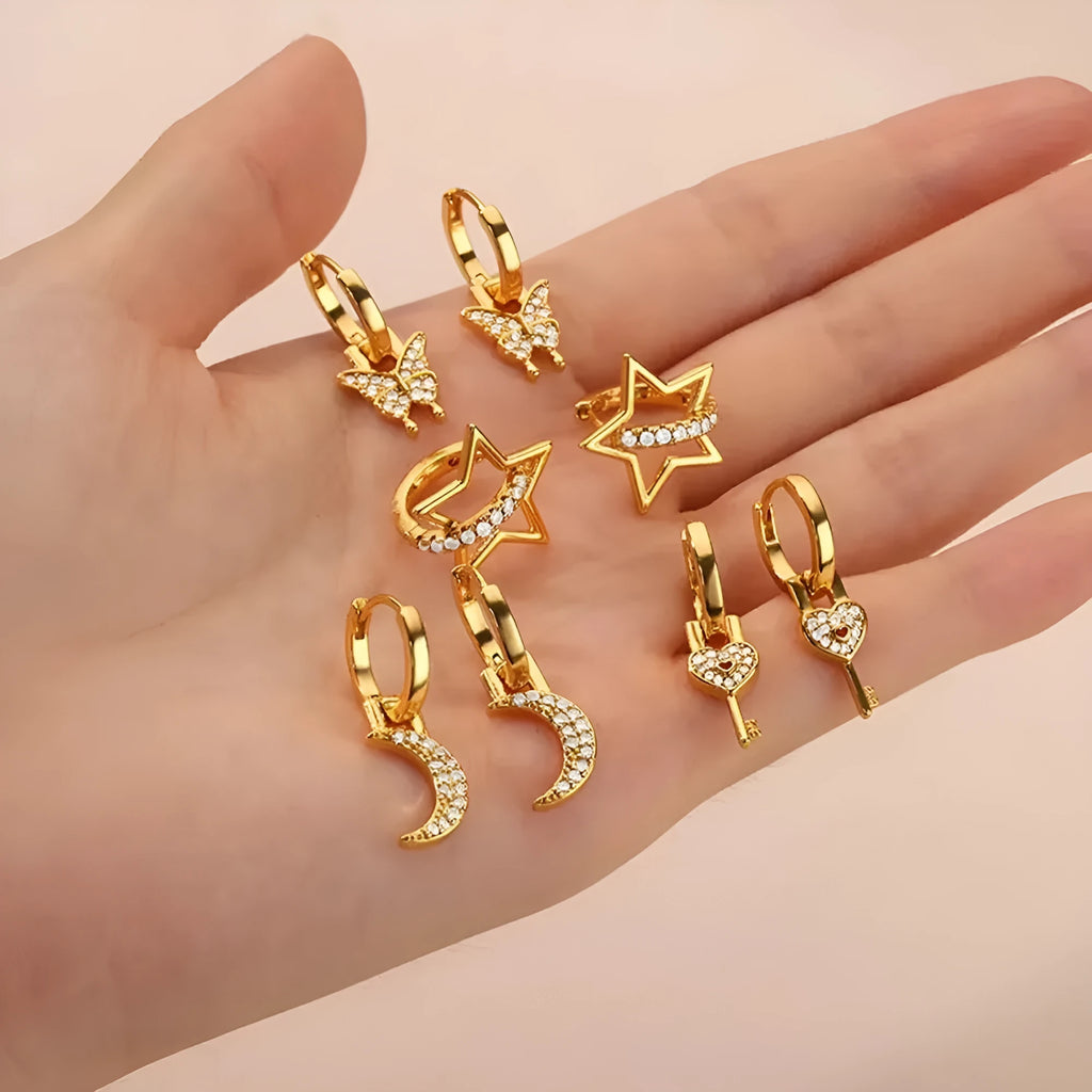 Geometric butterfly earrings for women in copper alloy with heart, bow, and star shapes.