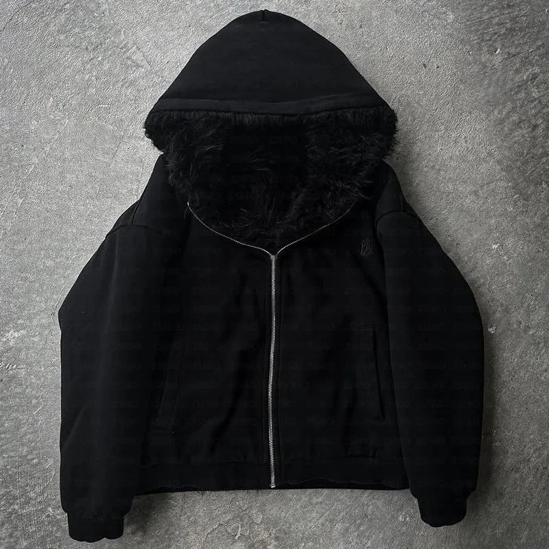 Casual loose-fit black cardigan coat with regular long sleeves on hanger
