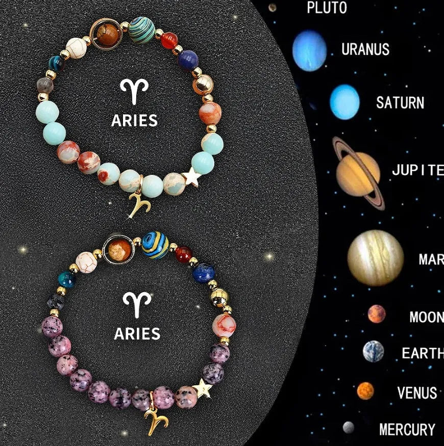 Two natural stone beaded bracelets showing zodiac sign designs for all twelve astrological symbols