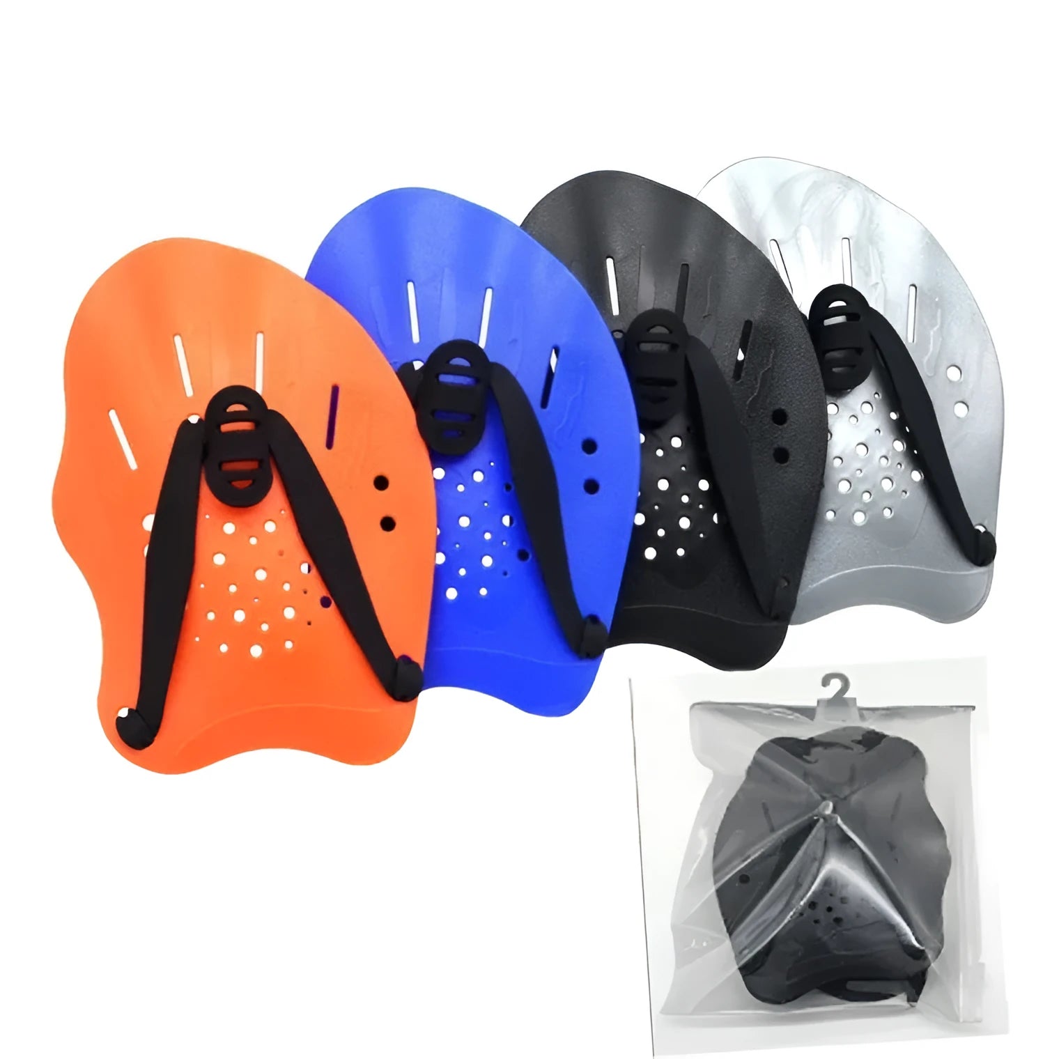 A pair of webbed swimming training hand paddles for freestyle stroke, shown in multiple colour options including dark blue with yellow.