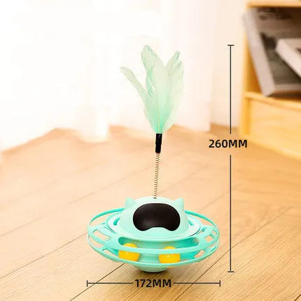 17cm diameter rotating cat toy turntable with ball attachment in pink, blue, yellow, and white colour options