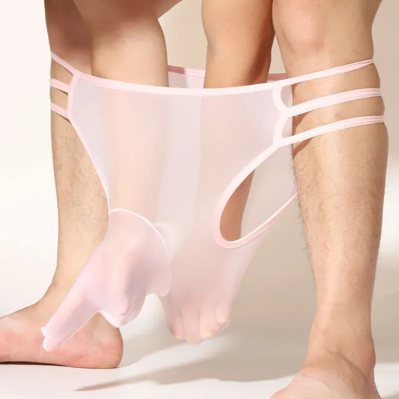 Men's transparent elephant nose shorts in nylon fabric showing mid-waist design and free size fit