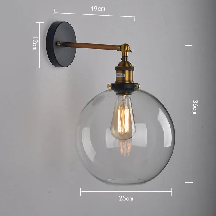 20cm retro round ball glass wall lamp in transparent, amber or smoky grey finish