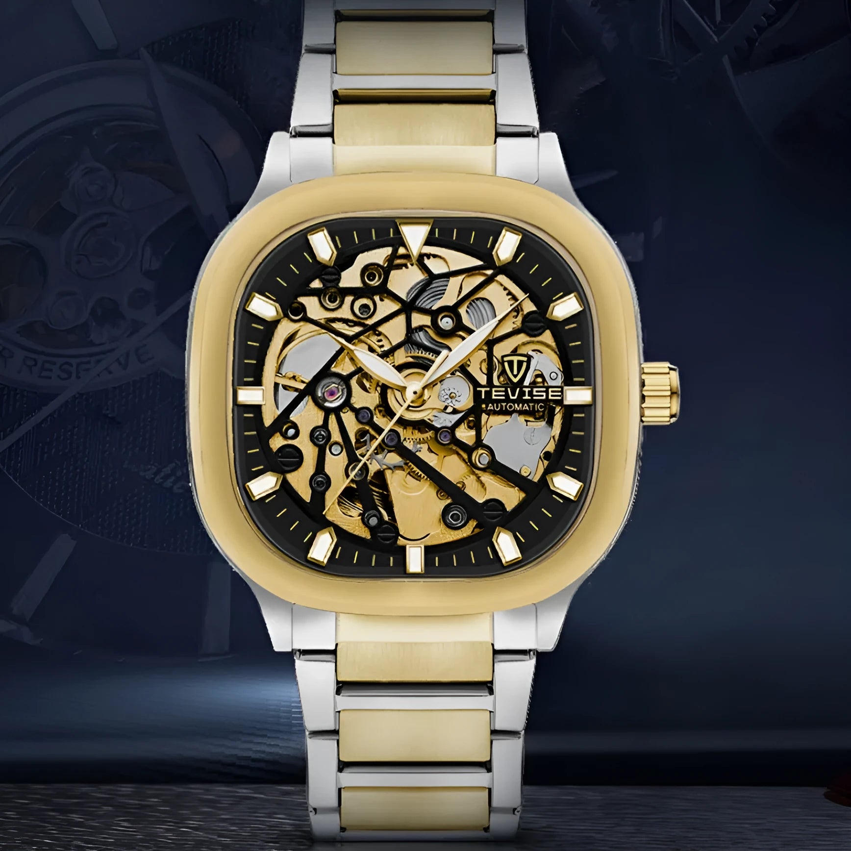Men's square waterproof automatic watch with luminous hands on a stainless steel strap.
