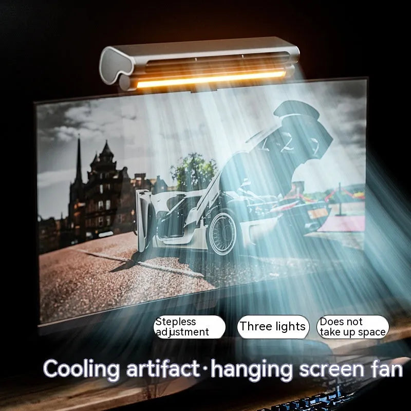 Black bladeless clip-on laptop fan with integrated lighting lamp attached to computer screen