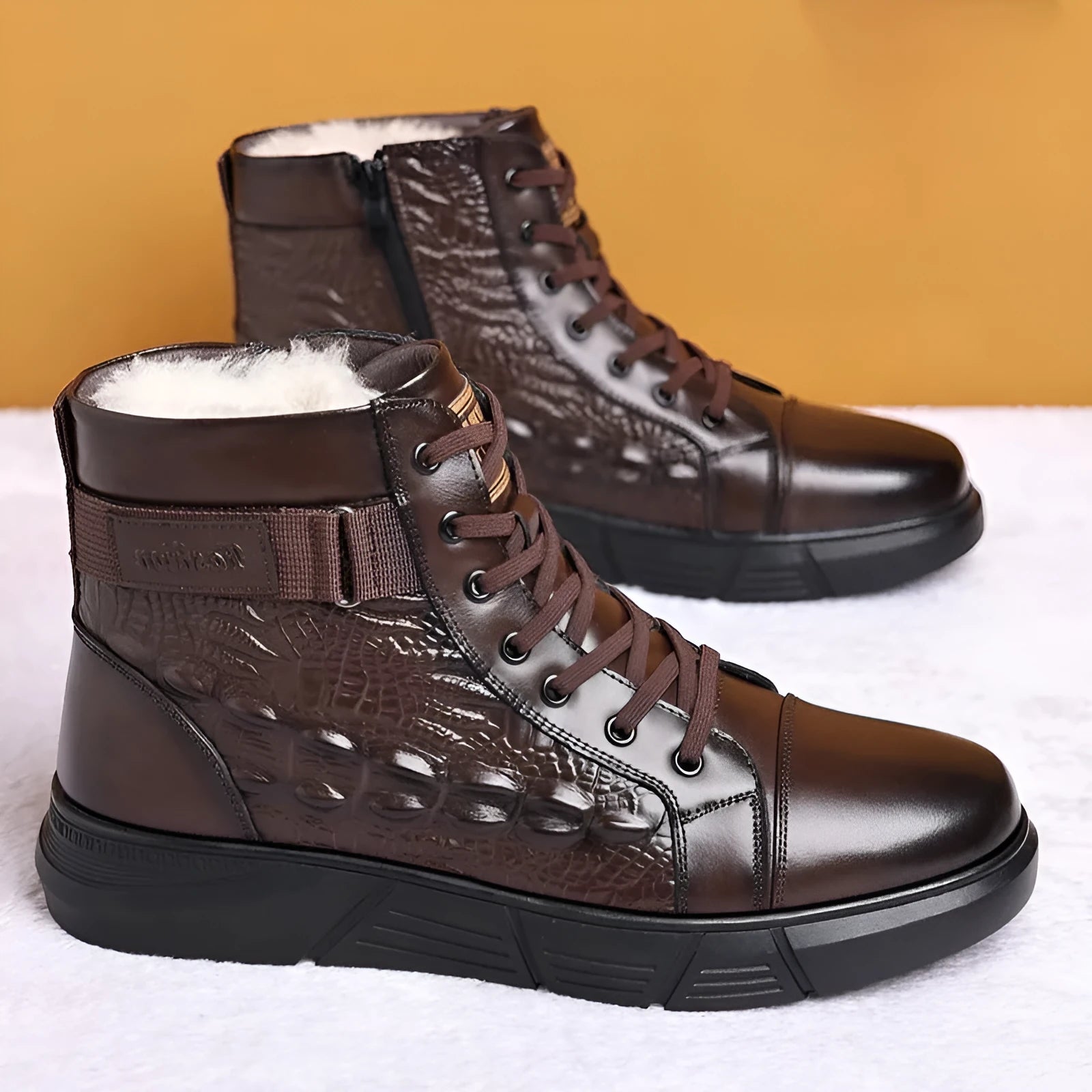 Men's black and brown genuine leather winter boots with fur lining and non-slip rubber soles