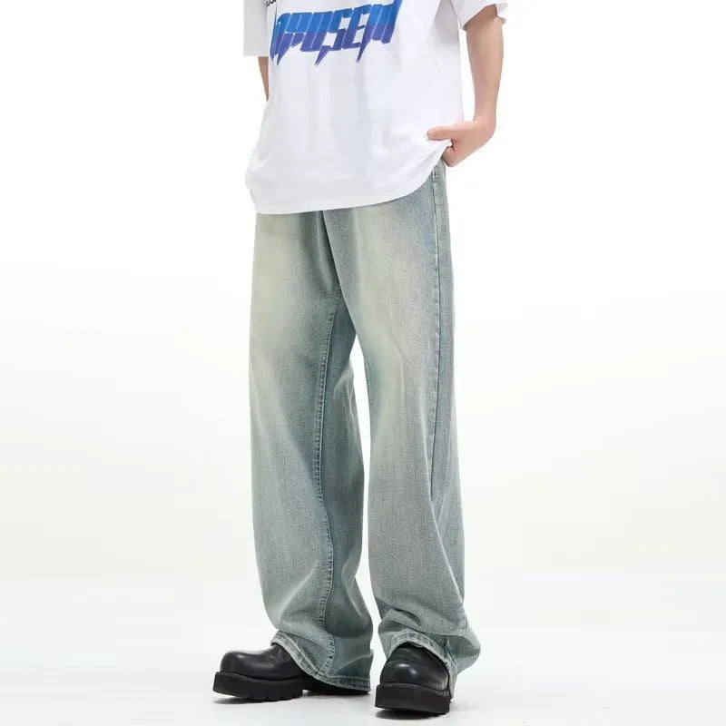 Blue loose-fit retro casual trousers made from rabbit fur fabric on a plain background.