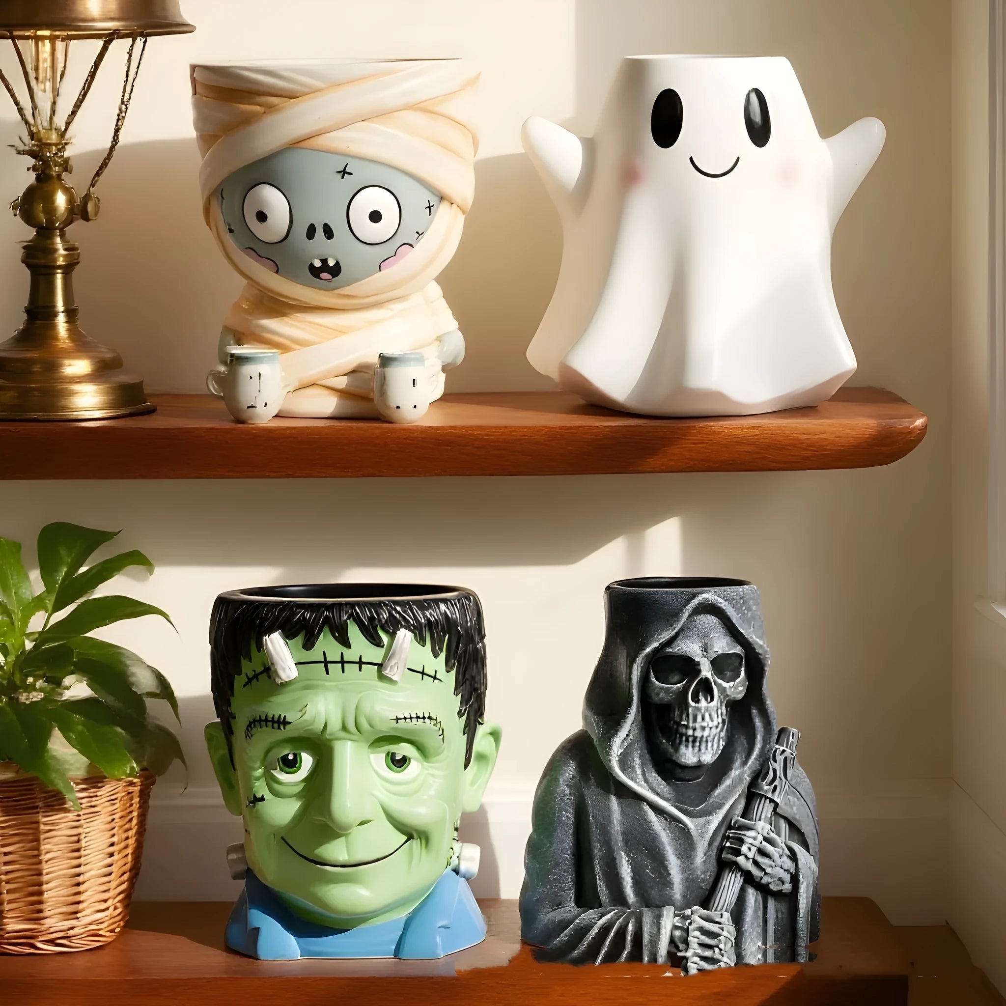 Hand-painted Halloween resin decoration cartoon flower pot in bandage zombie, ghost, Frankenstein, and death skull designs.