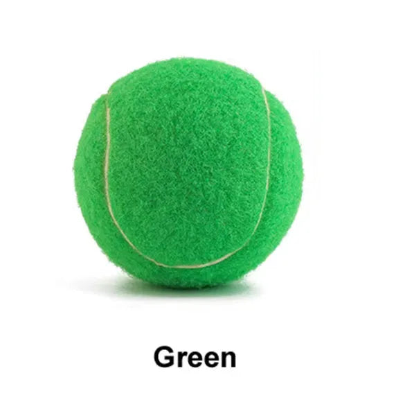 Colourful 6.3cm diameter rubber dog tennis ball toy in blue, green, pink, and red on a white background.