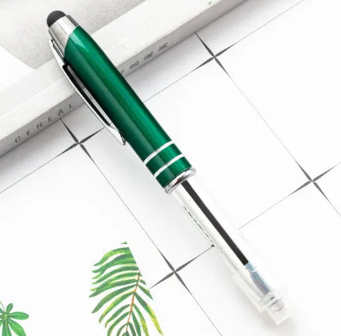 Red multifunctional metal-tipped stylus ballpoint pen with a built-in LED light.