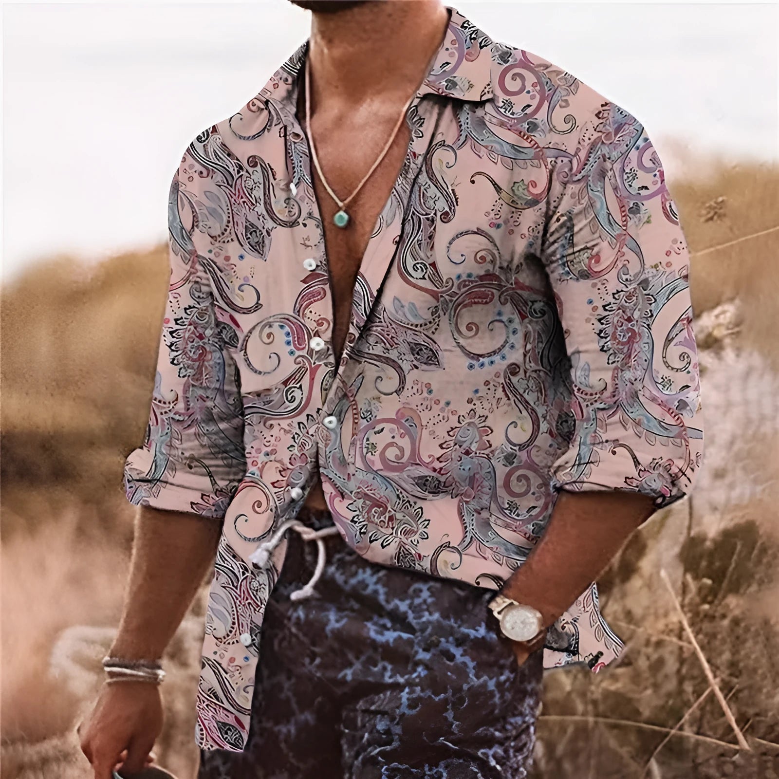 Men's loose-fit long sleeve shirt with a colourful 3D floral print pattern in polyester fabric.