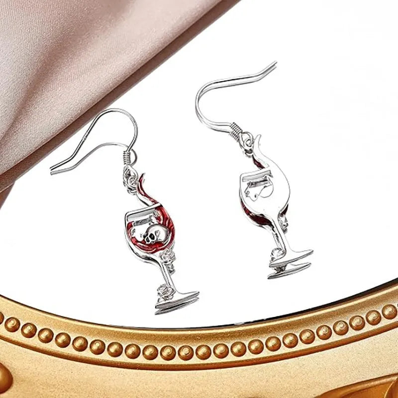 Zinc alloy skull wine glass earrings with electroplated finish geometric Halloween design