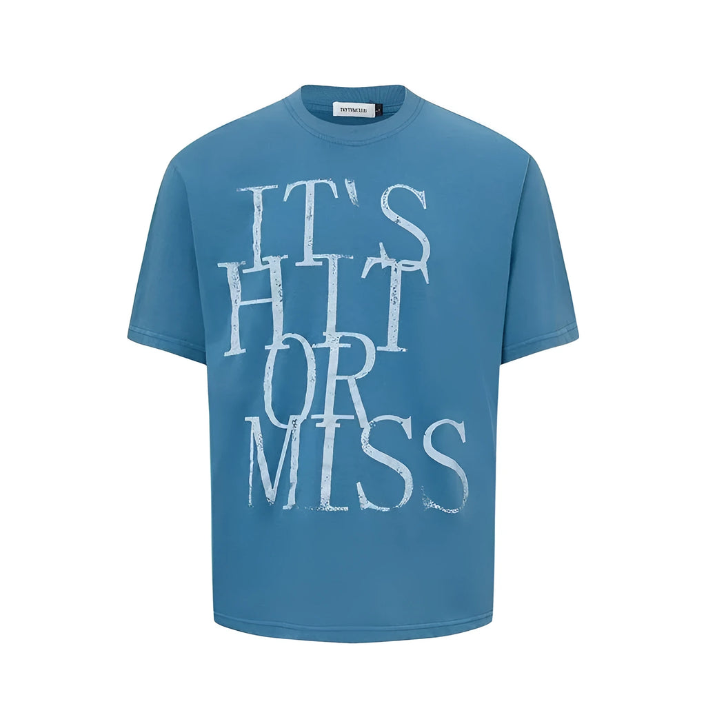 Men's American Retro style t-shirt with printed letter design in blue colour